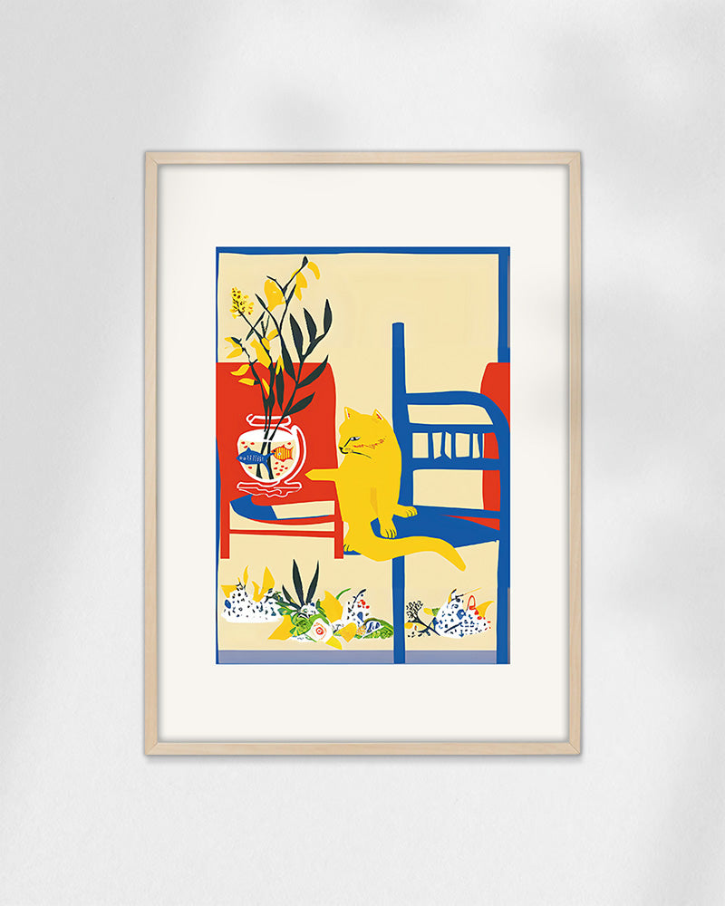 【ポスターのみ】Sunny Afternoon – Cozy Cat & Chair Posterアートポスター(A2,A3)